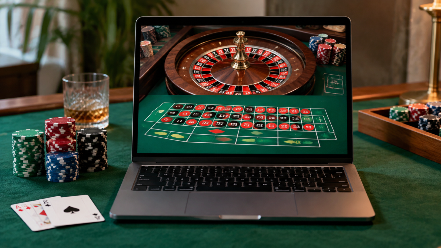 ブックメーカーとSlots Casinosを比較する際に注目したい安全性・透明性 Laptop displaying an online casino roulette game beside playing cards and casino chips