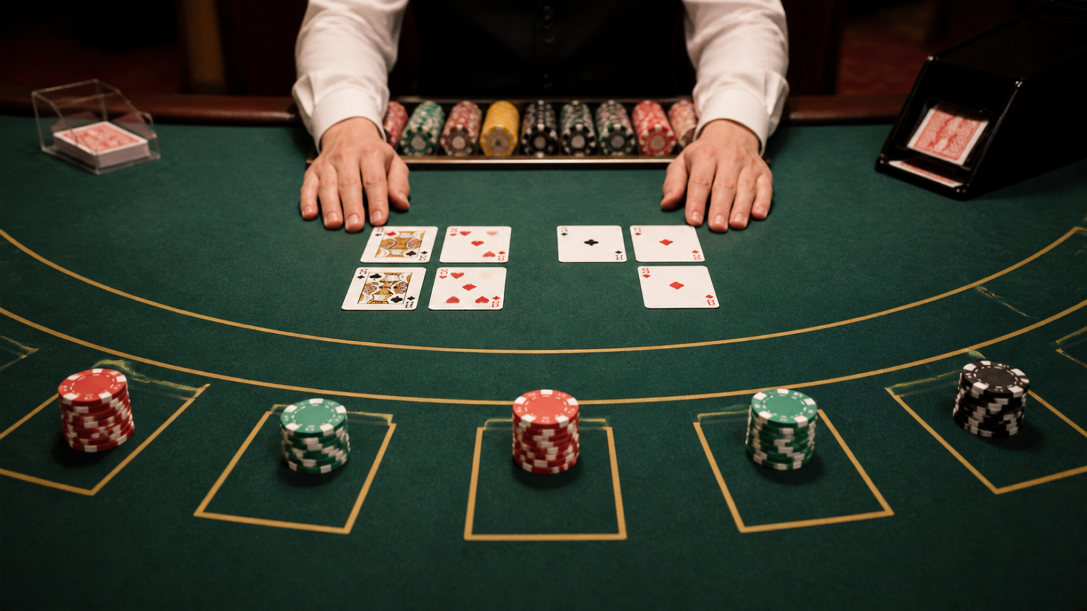 Bàn baccarat với bài và phỉnh trong một ván chơi tại casino