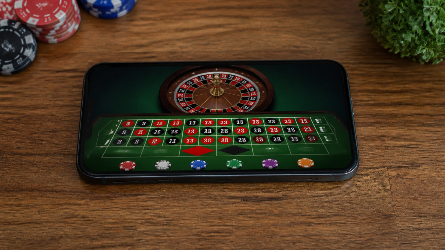 Điện thoại hiển thị giao diện trò chơi roulette casino