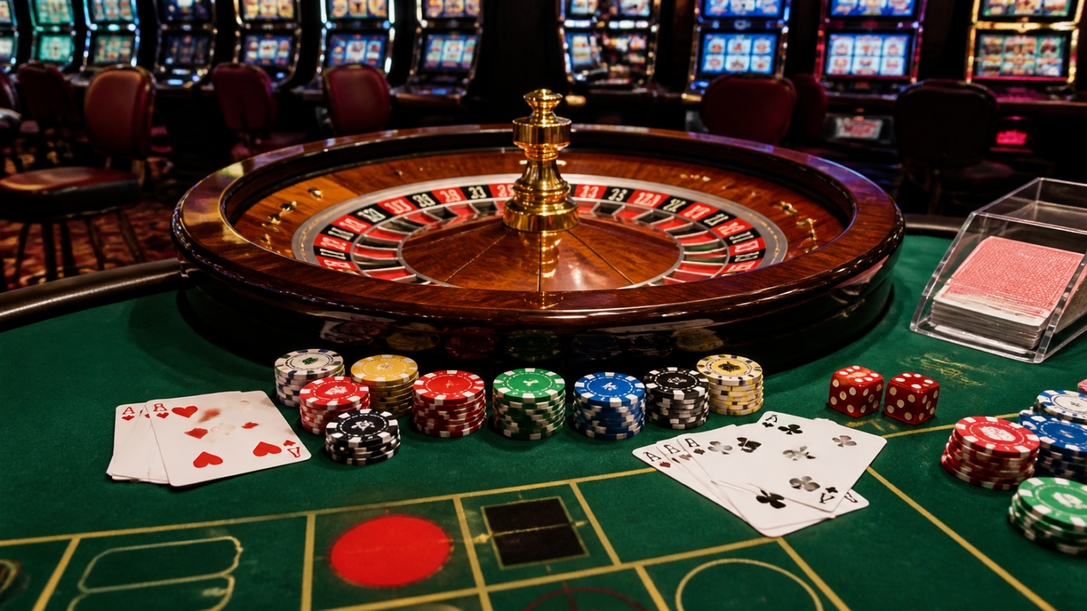 Tavolo da casinò con roulette e carte
