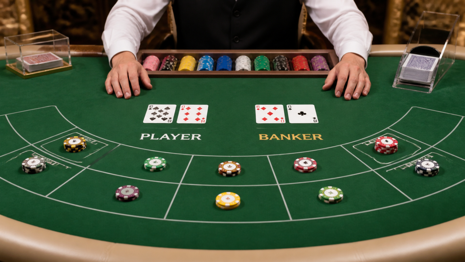 Bàn baccarat với bài và phỉnh trong không gian casino