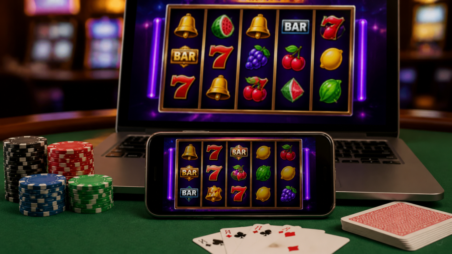 Online slot game displayed on a laptop and phone