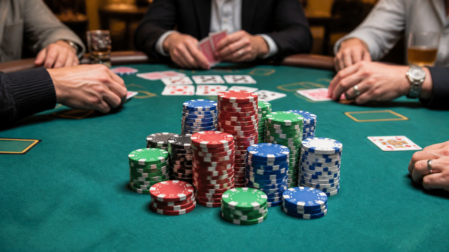 Real-money poker table with chips and playing cards